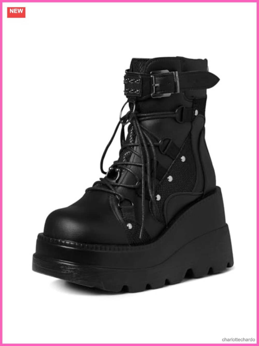 Goth Platform Boots for Women Chunky Wedge Heel Lace Up Vegan PU Leather Ankle
